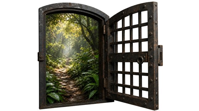 Open arched iron gate revealing enchanted forest path background