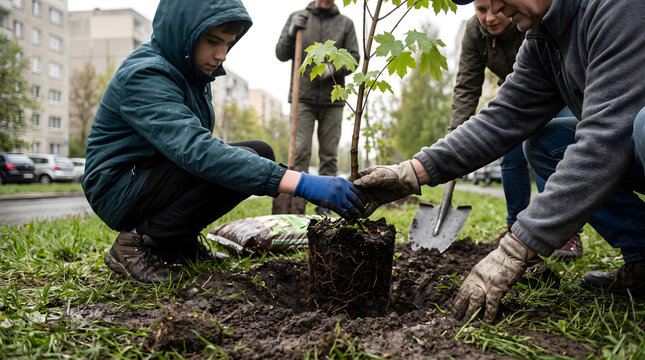 Volunteers Planting Sapling in Urban Green Strip