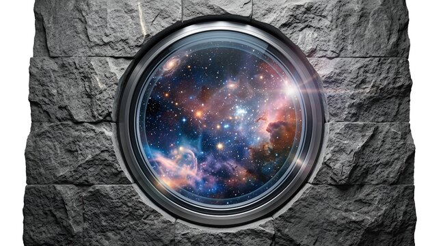 Round window portal showing vibrant deep space galaxy nebula