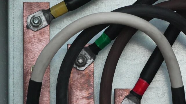 Electrical wiring, busbars, power cables connection of thick power cables bolted securely to copper busbars inside an industrial electrical cabinet.