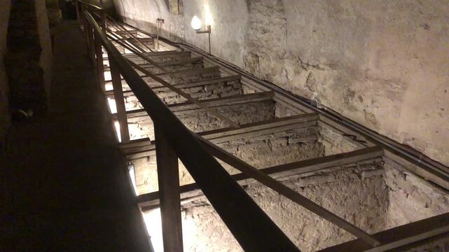 Human skulls and bones filling the pits of the catacombs under the convent of san francisco in lima