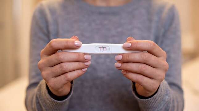 pregnancy milestone, a pair of manicured hands gently holds a positive pregnancy test with two pink lines