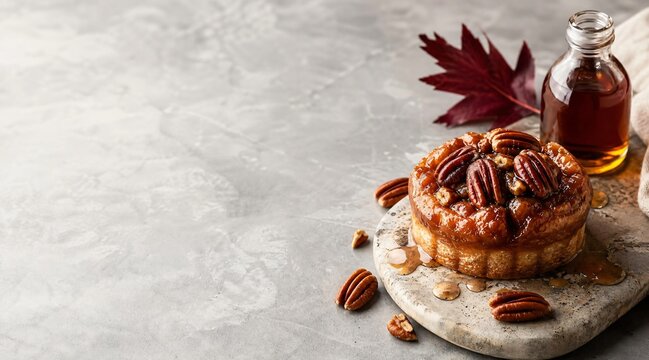 Maple pecan tart with syrup and autumn leaves