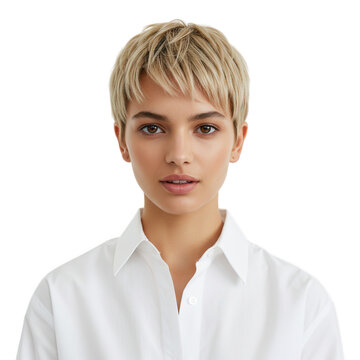 Young woman with blonde pixie cut isolated on transparent background