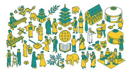 Fototapeta premium Cultural Diversity Icons: Isometric People, Landmarks, and Symbols