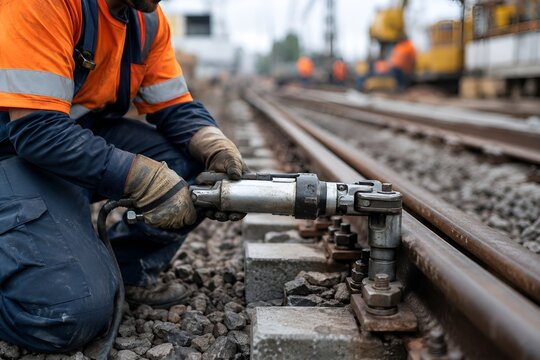 Railway Maintenance Worker Using Hydraulic Torque Wrench on Track Fastening System