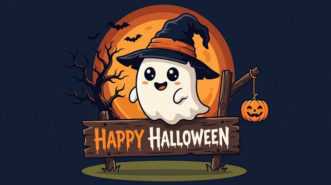 Cute ghost wearing witch hat with pumpkin lantern and Happy Halloween wooden sign banner illustration background photo