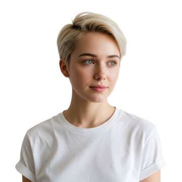 Young woman with short blonde hair isolated on transparent background