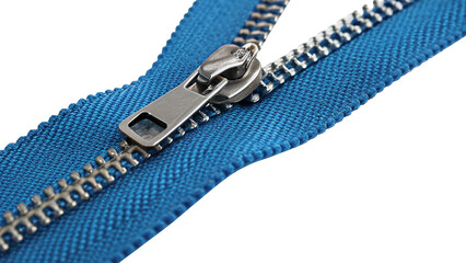 Close up blue textile zipper closure fastener hardware isolated on transparent background © Ward