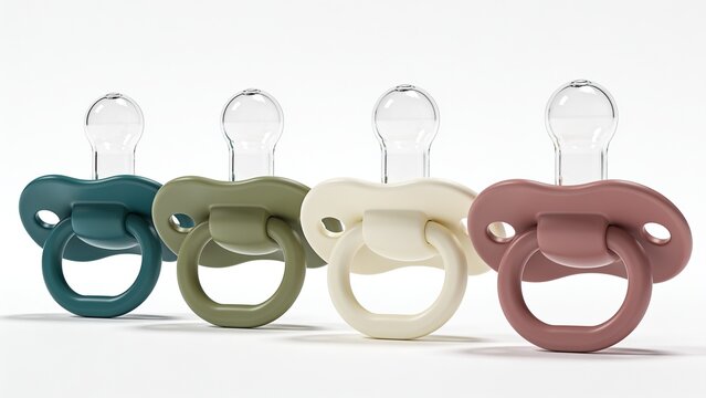 Colorful set of modern baby pacifiers arranged neatly on white background
