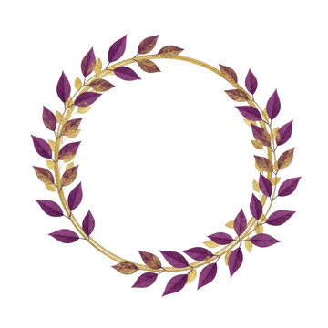 A gold and purple laurel wreath with leaves