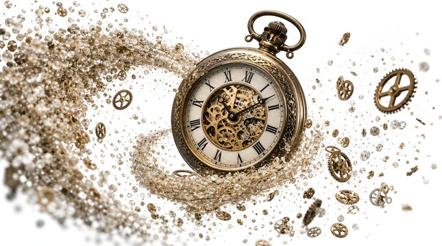 Vintage pocket watch with floating golden gears and crystal particles