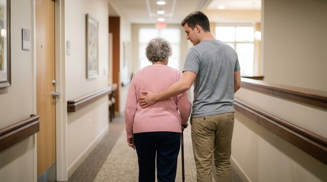 A male caregiver helps an elderly woman walk down a hallway with gentle assistance.