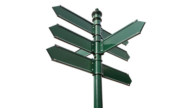 Multi directional green metallic arrow sign post blank isolated on transparent background