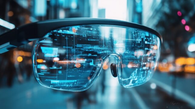 Augmented reality smart glasses display glowing digital data overlay against a blurred city backdrop.
