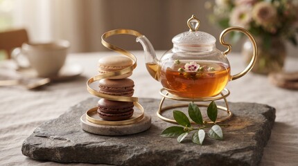 Fototapeta premium Elegant High Tea Setting with Glass Teapot Blooming Herbal Tea and Stacked Macarons in Golden Ribbon Holder