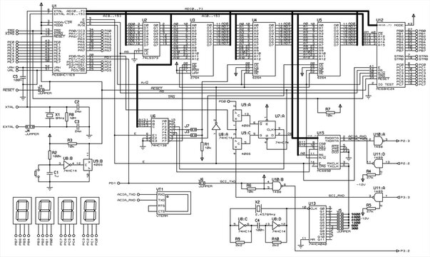 Vector electrical circuit. A complex large electrical circuit of electronic device for data output 
to seven-segment indicators, operating under control of microcontroller.