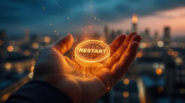 Glowing Restart Button Hovering Over Open Hand in City Backdrop