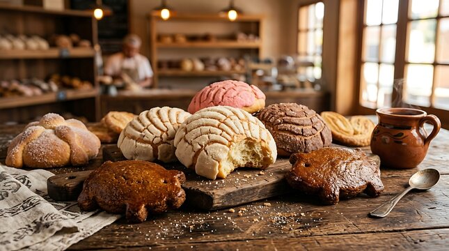 Fresh Mexican sweet bread conchas and pig-shaped cookies on a rustic wooden bakery table
