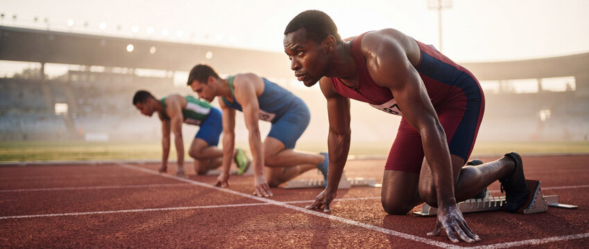 Sprinters ready at the starting blocks on a red outdoor running track in warm golden daylight, depicting athletic focus and competition for sports marketing and editorial media