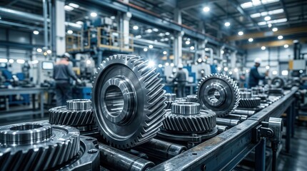 Fototapeta premium Close-up of metal gears and industrial components on a factory assembly line.
