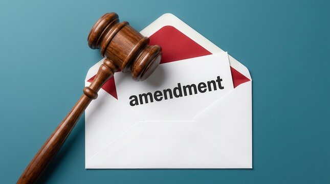 A wooden judge gavel rests on an open red and white envelope with an amendment document inside.