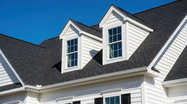 Newly constructed house exterior in Brighton, Massachusetts with white siding and dormer windows.