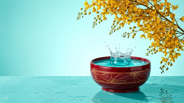 Golden padauk blossoms and lacquer bowl for Thingyan