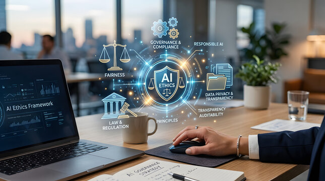 Businesswoman using AI Ethics Framework hologram interface on laptop in modern office workspace