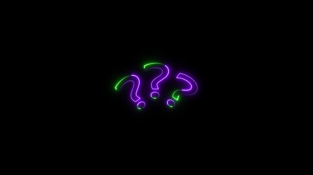 Glowing neon question mark icon animation quiz confusion mark problem game challenge idea decision answer punctuation mark sign symbol on black background.