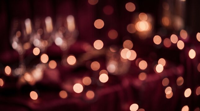 Abstract background featuring soft glowing golden bokeh lights on a dark purple and deep maroon blurred surface