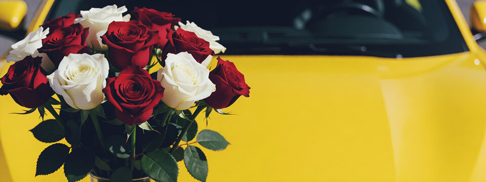 Mazzo di rose rosse e rose bianche sul cofano di una automobile di colore giallo - regali e ricorrenze