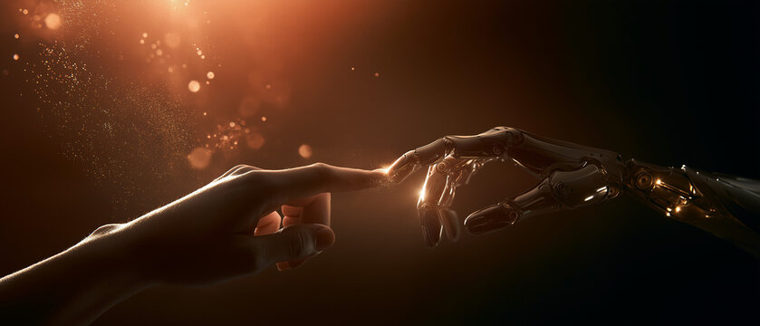 Human and Robot Touch: A symbolic image representing the intersection of humanity and artificial intelligence, as a human finger reaches out to touch a robotic finger, creating a spark of connection.