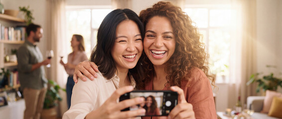 Obraz premium Happy friends taking a selfie together at home, captured in warm soft indoor lighting during a lively party setting for social media, friendship, and lifestyle concepts