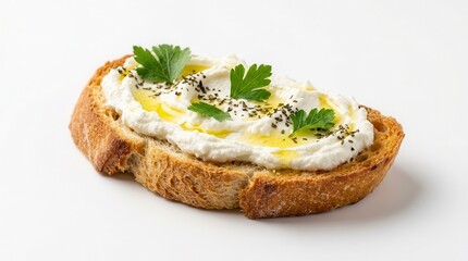 Baguette sandwich with labneh, herbs, and olive oil on a white background.