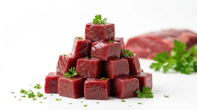 Fresh raw cubed beef liver stacked in a pile on a white background.