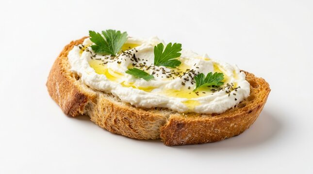 Baguette sandwich with labneh, herbs, and olive oil on a white background.