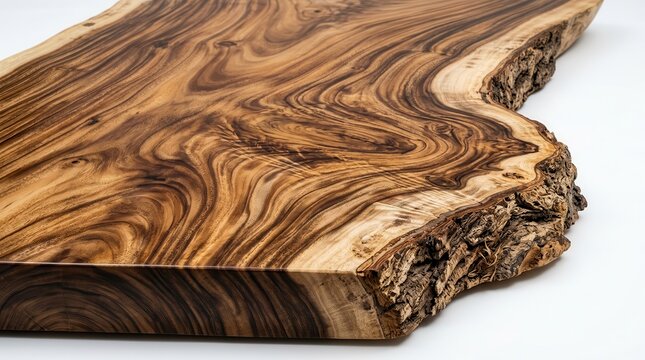 Close up of a stunning polished suar wood slab surface on a white backdrop.