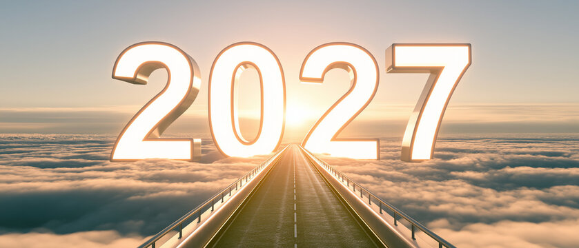 2027 Year Future Road: A pathway emerges from the clouds leading to the year 2027 illuminated by a rising sun, symbolizing new beginnings and the journey ahead.