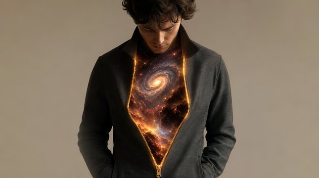 Young man with glowing galaxy spiral inside open jacket
