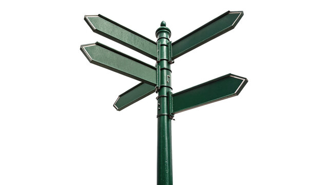 Blank multi directional green traffic signpost pointer isolated on transparent background