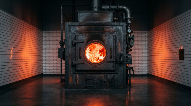 Industrial cremation furnace with bright burning fire inside a modern crematorium.