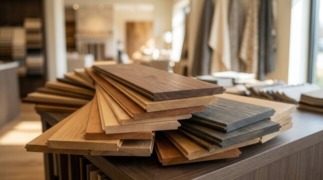 Various hardwood flooring samples showing different wood types, colors, and finishes.