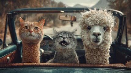 Naklejka premium Whimsical Road Trip with Cat, Dog, and Alpaca in Vintage Car