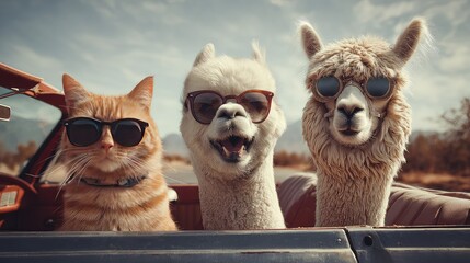 Naklejka premium Cool Cat and Alpacas Wearing Sunglasses in Vintage Convertible