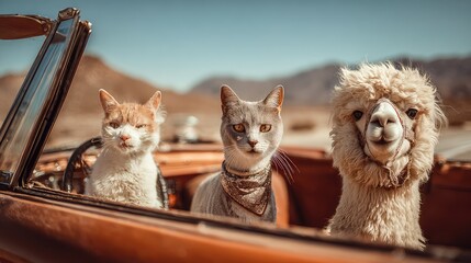 Naklejka premium Three Pets in Classic Car with Scenic Desert Background
