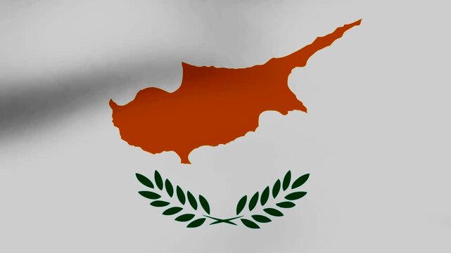 A close up view of the waving national flag of Cyprus with a detailed copper map and olive branches
