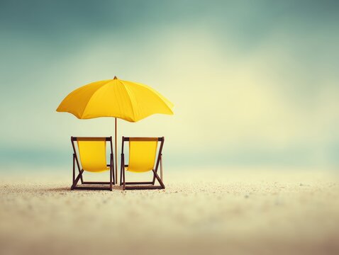 beach chairs under yellow umbrella