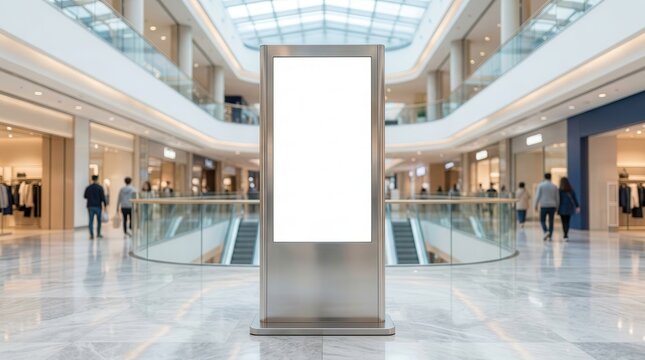 Blank vertical advertising billboard mockup in a modern shopping mall.