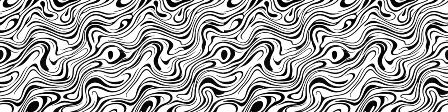 Seamless black and white wavy line pattern abstract marble liquid texture, wood grain swirl background, optical art wave banner isolated on transparent background